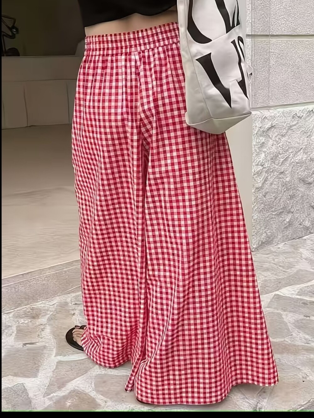 Wide-Leg Trousers with Elastic Waistband & Slant Pockets - Plaid Wide-Leg Pants - Picture 2 of 4